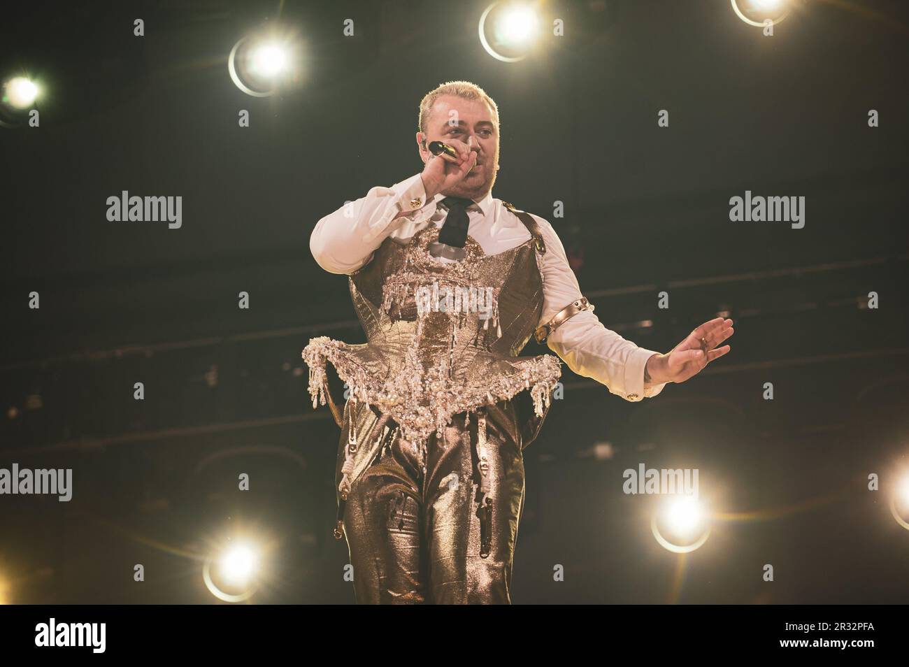 TURIN, ITALY: The British singer and songwriter Sam Smith performing live on stage in Turin during the Italian leg of the “ Gloria Tour ” 2023 Stock Photo