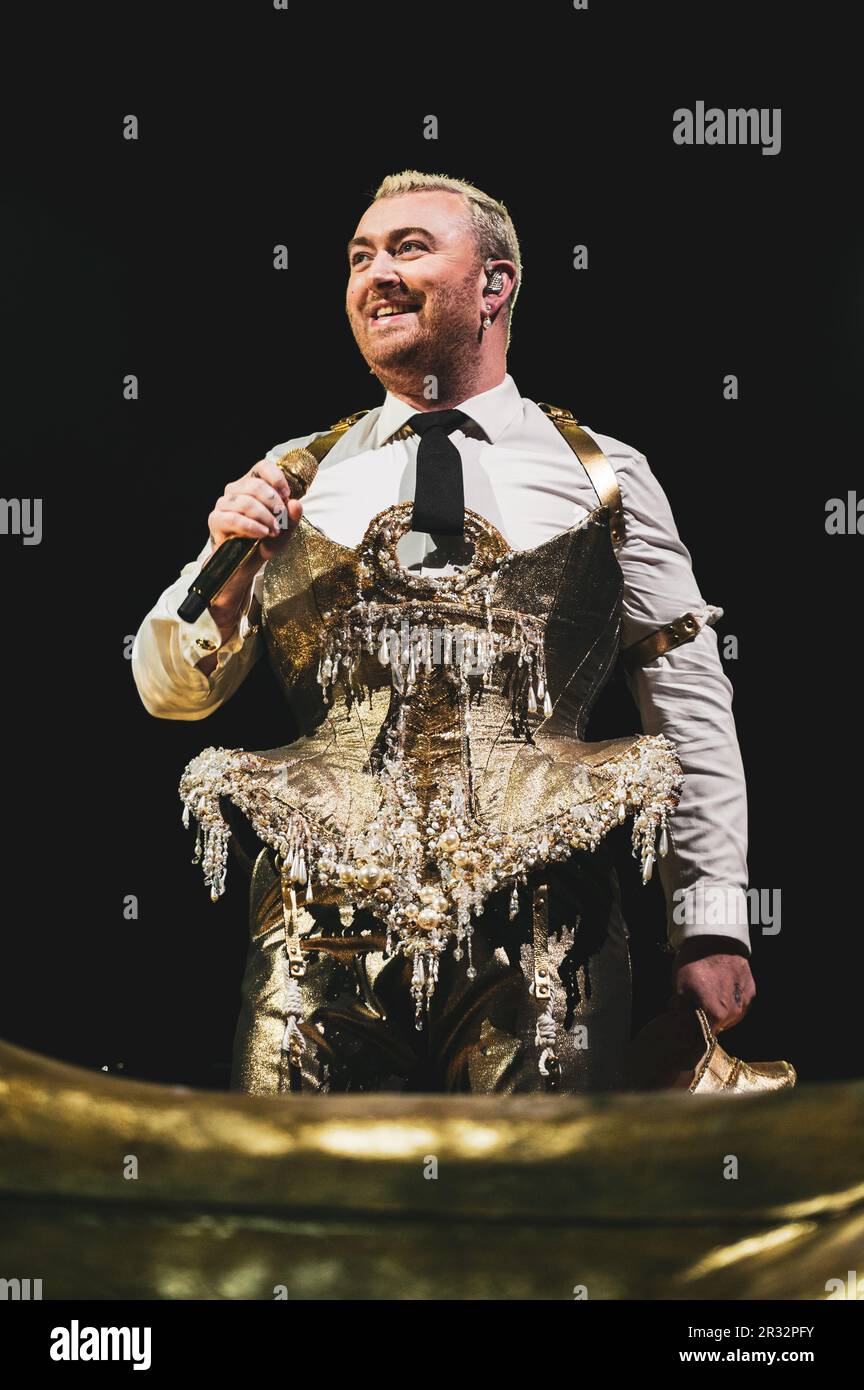 TURIN, ITALY: The British singer and songwriter Sam Smith performing live on stage in Turin during the Italian leg of the “ Gloria Tour ” 2023 Stock Photo