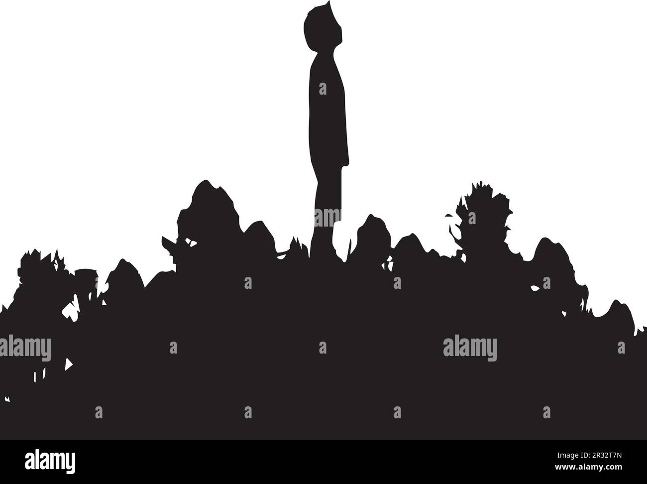 A black silhouette of a boy looking up at the sky with a white background Stock Vector