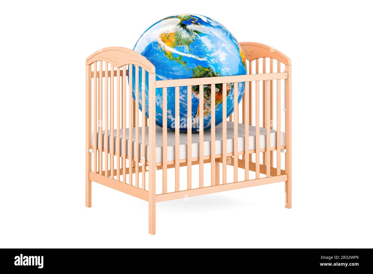Baby crib, infant bed with Earth Globe. 3D rendering isolated on white ...