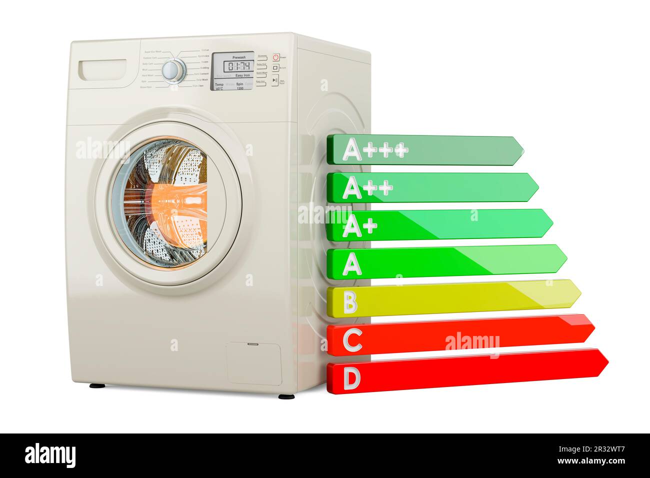 Washing machine with energy efficiency chart, 3D rendering isolated on white background Stock