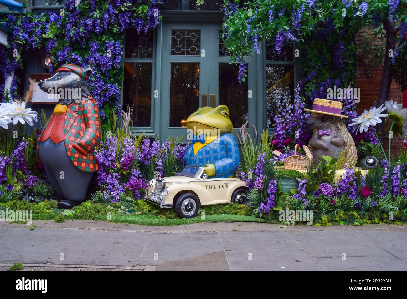 London, England, UK. 22nd May, 2023. Wind In The Willows-themed flower arrangement outside The Ivy restaurant on King's Road as Chelsea In Bloom, a free outdoor floral exhibition, begins. This year's theme is Flowers On Film. (Credit Image: © Vuk Valcic/ZUMA Press Wire) EDITORIAL USAGE ONLY! Not for Commercial USAGE! Credit: ZUMA Press, Inc./Alamy Live News Stock Photo