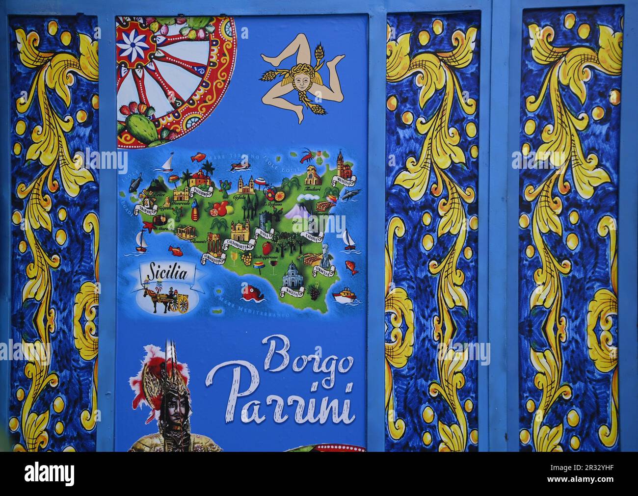 Hand painted mural with colorful Sicilian folk iconography in Borgo dei ...