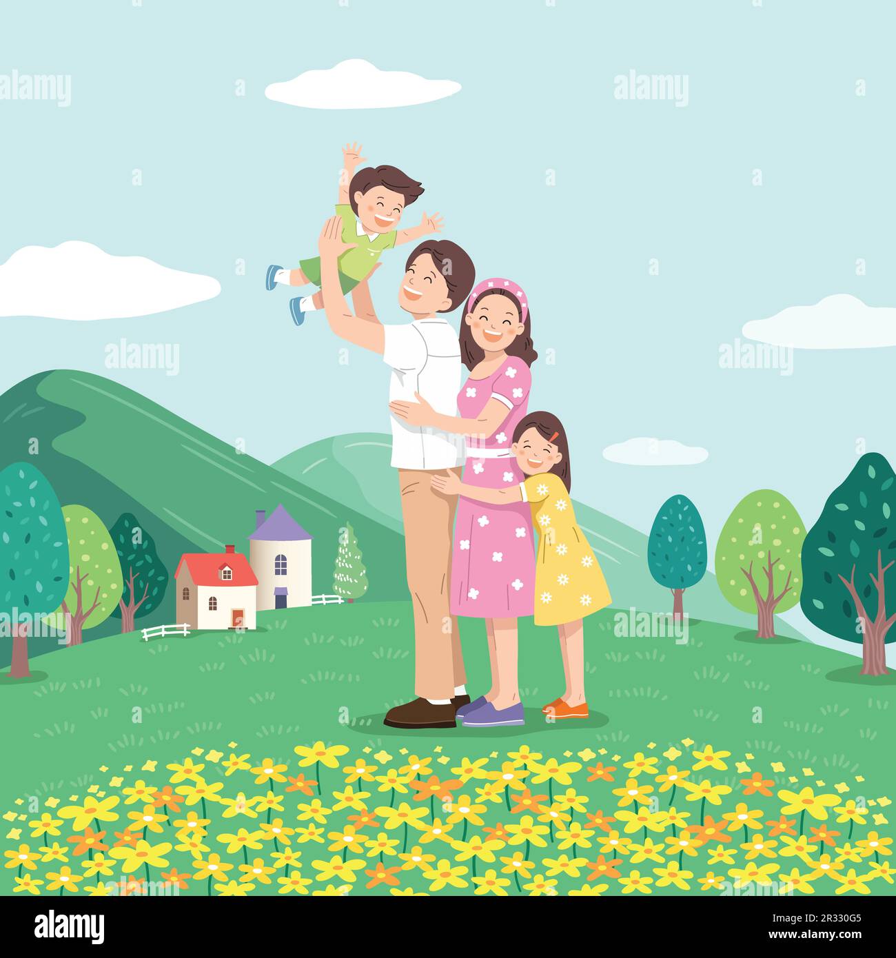 Happy family against the backdrop of a pretty house and nature. Father, mother and children hugging together. Stock Vector