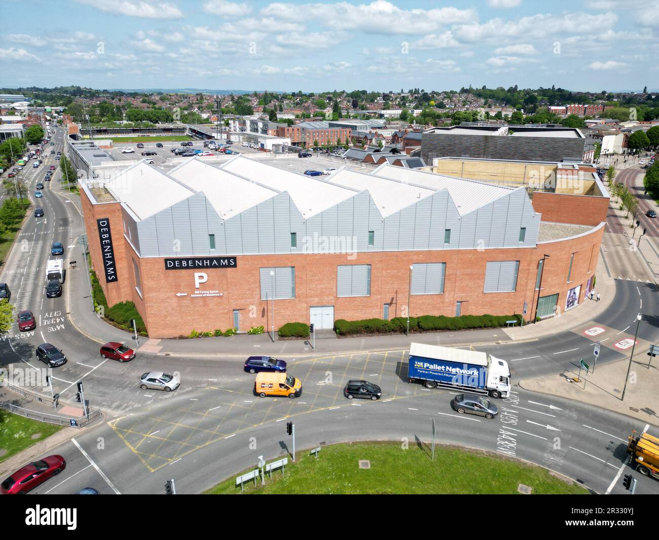 Aerial view of the empty large former Debenhams plc deparment store at Hereford UK closed in May 2021 and remains vacant - photo May 2023 Stock Photo