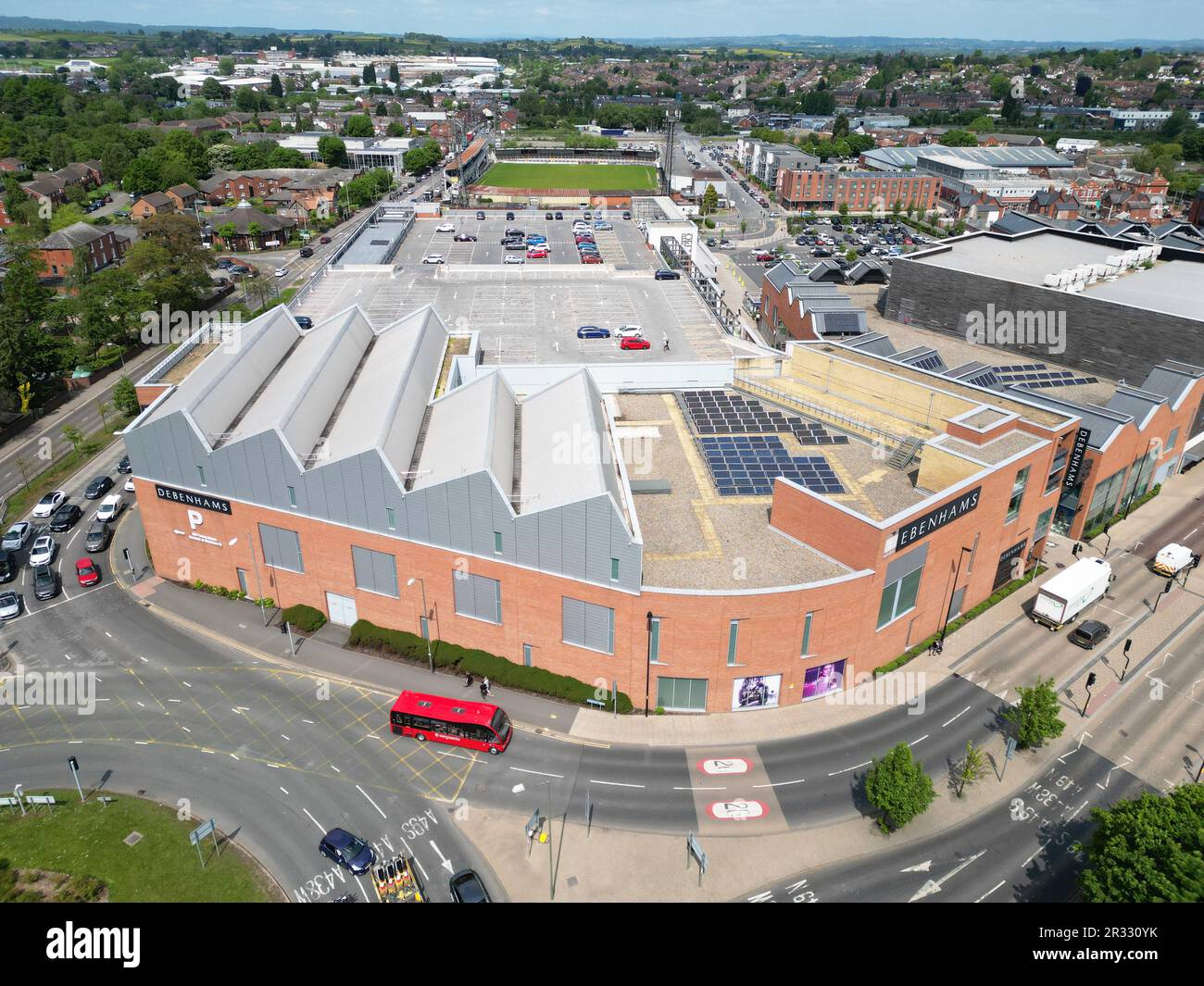 Aerial view of the empty large former Debenhams plc deparment store at Hereford UK closed in May 2021 and remains vacant - photo May 2023 Stock Photo