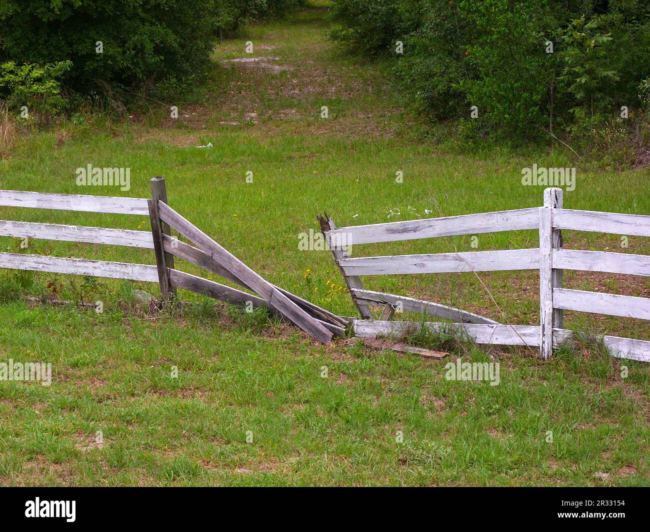 'Abandoned piece of broken white fence in rural North Florida. Stock Photo