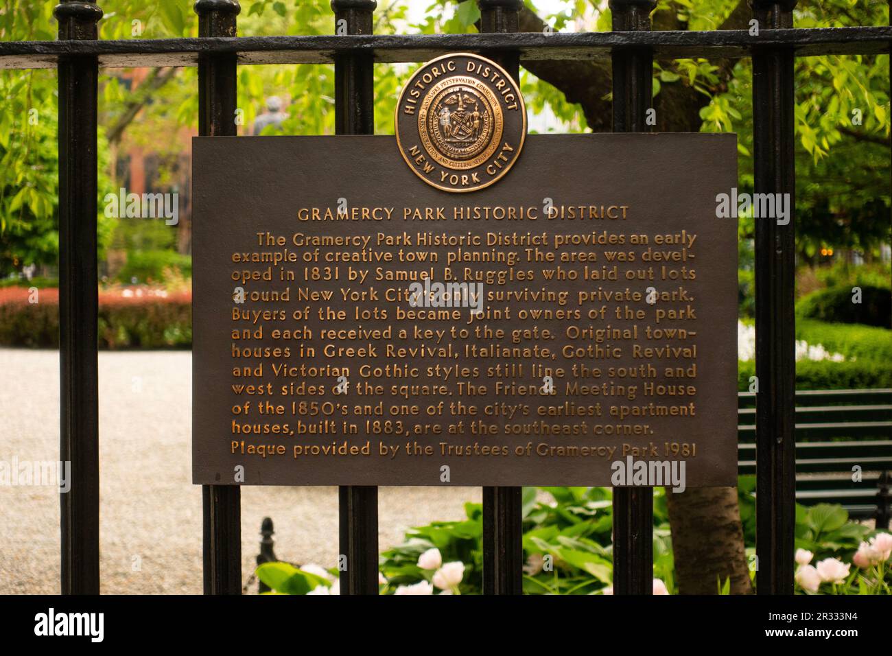 Gramercy park historic district sign on the gate to the private garden