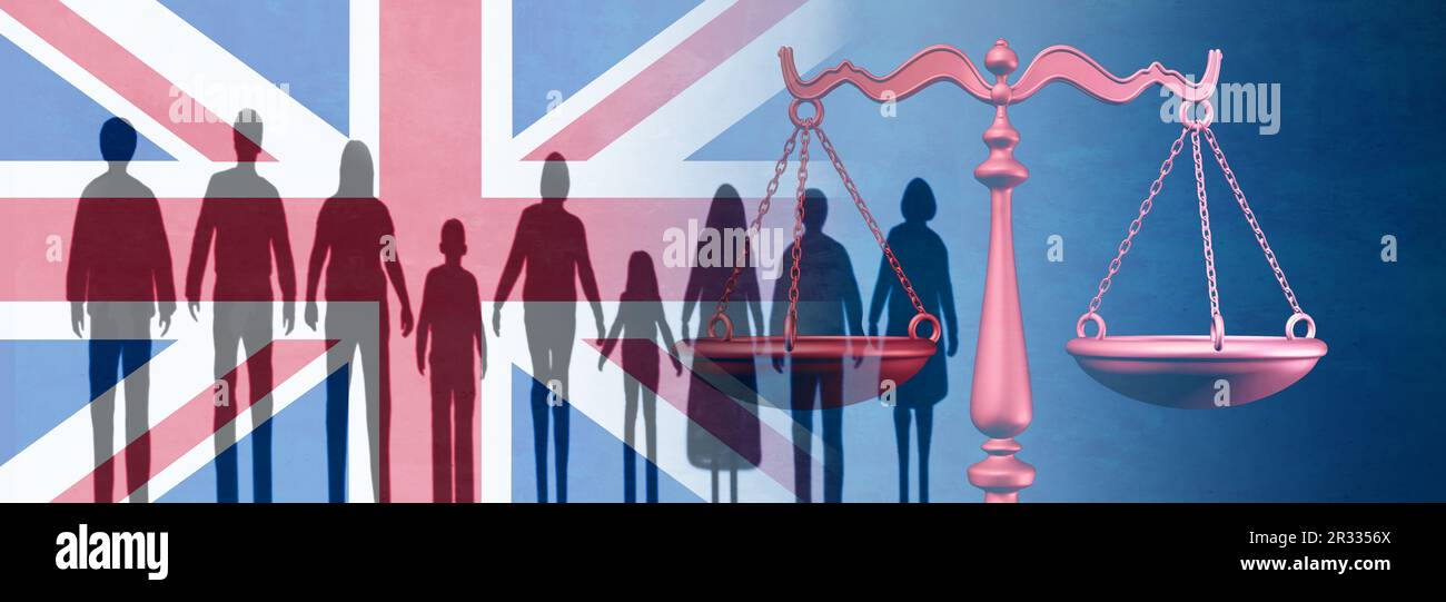 UK Immigration surge and United Kingdom refugee legislation question or illegal refugee government policy for newcomers in Britain as international Stock Photo