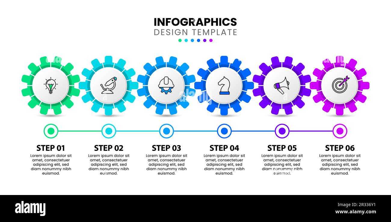 Infographic template with icons and 6 options or steps. Gears in row. Can be used for workflow layout, diagram, banner, webdesign. Vector illustration Stock Vector