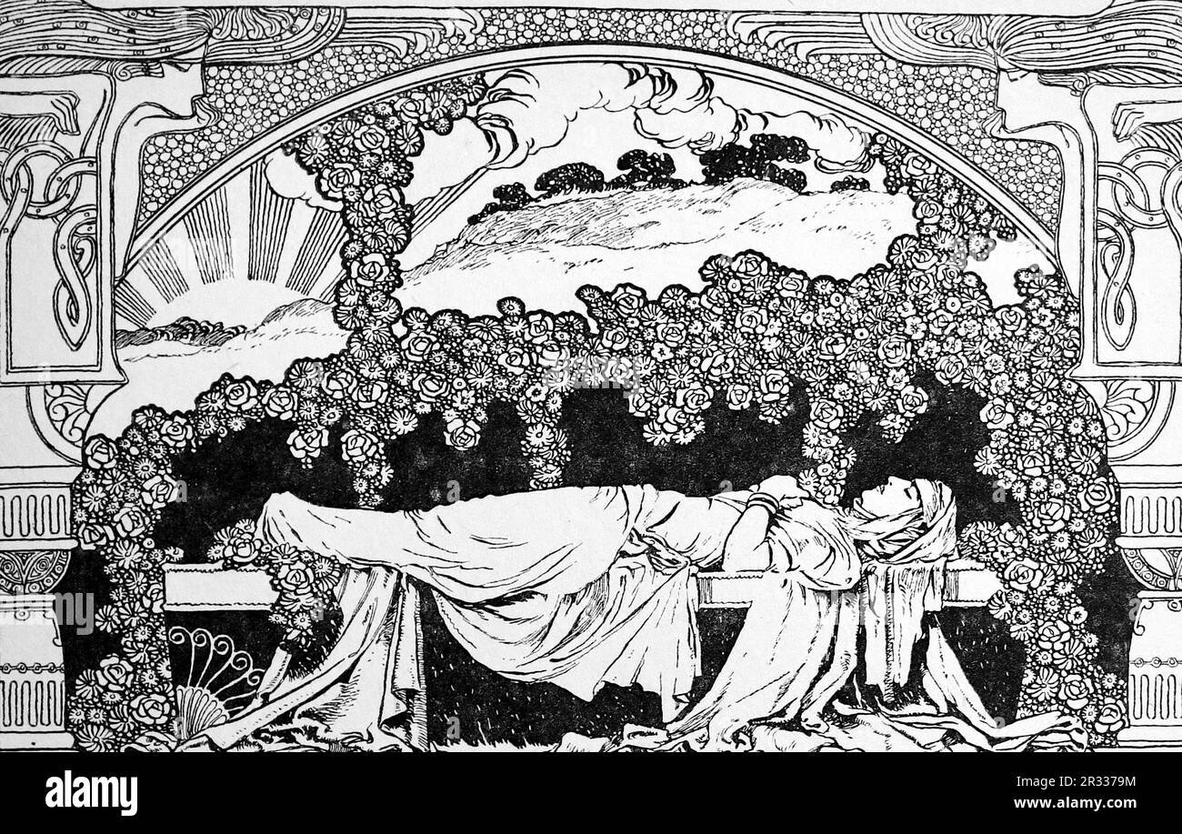By Rene Bull. Line drawing of a lady laying, deceased, in a landscape and an ornate floral frame. From The Rubaiyat of Omar Khayyam. Stock Photo