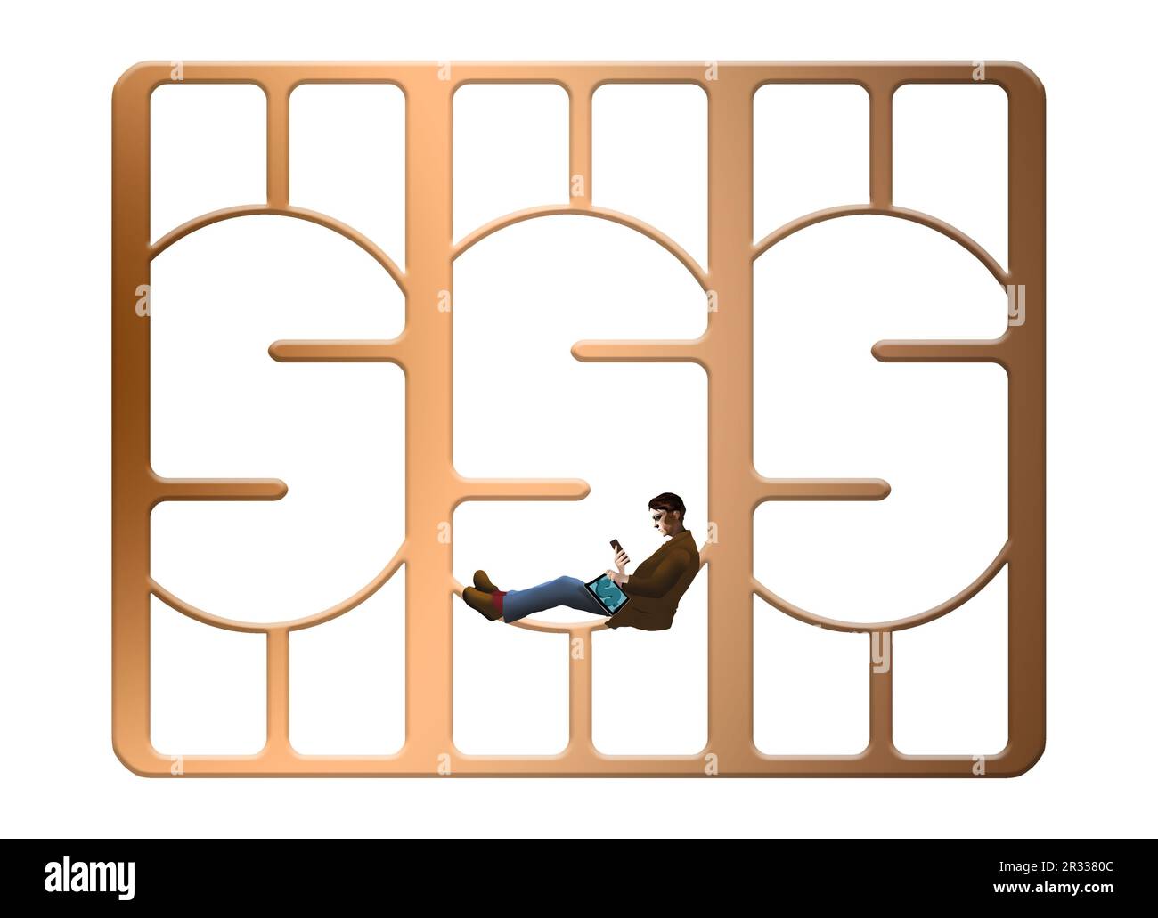 A person rests and looks at a cell phone checking banking information. They are sitting in a framework that looks like dollar signs in this 3-d illust Stock Photo