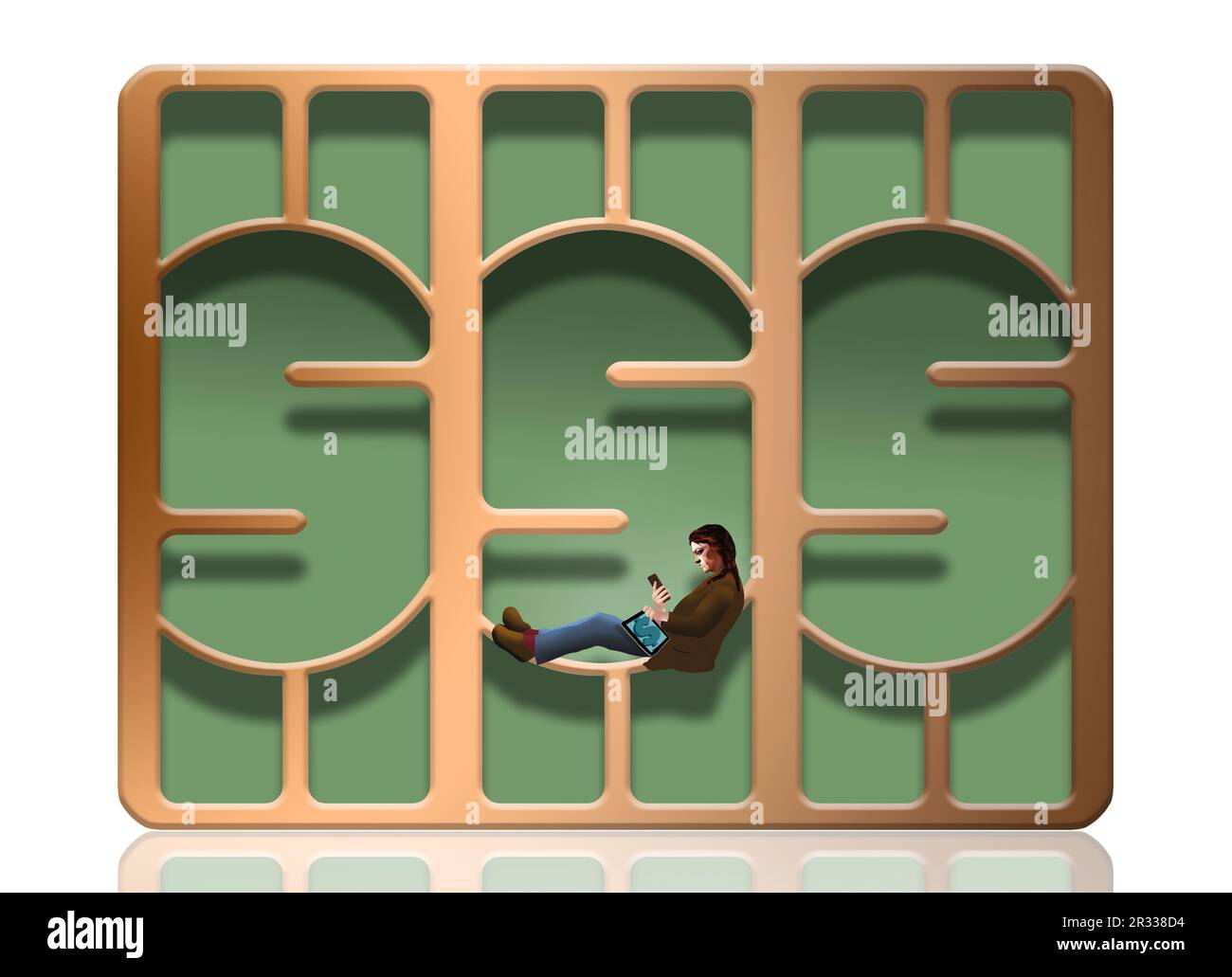 A person rests and looks at a cell phone checking banking information. They are sitting in a framework that looks like dollar signs in this 3-d illust Stock Photo