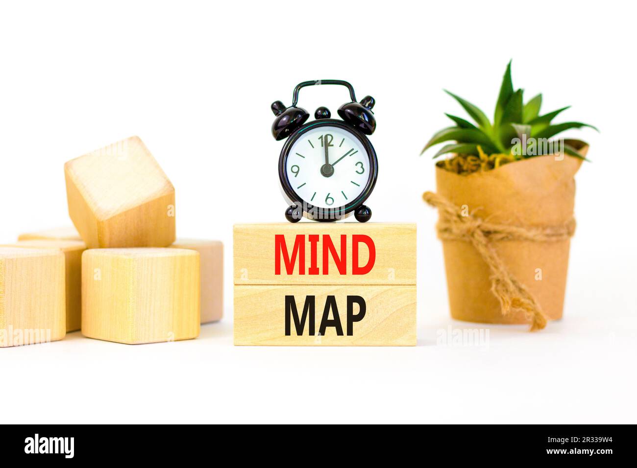 Mind map symbol. Concept words Mind map on wooden blocks on a beautiful white background. Black alarm clock. Business, support, motivation, psychologi Stock Photo