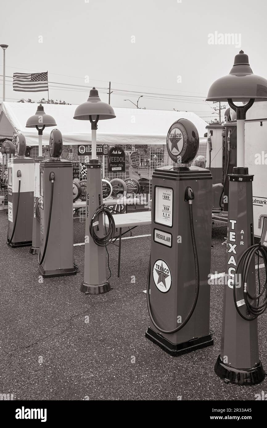 Antique gasoline pumps on sale to collectors of american highway memorabilia. Stock Photo