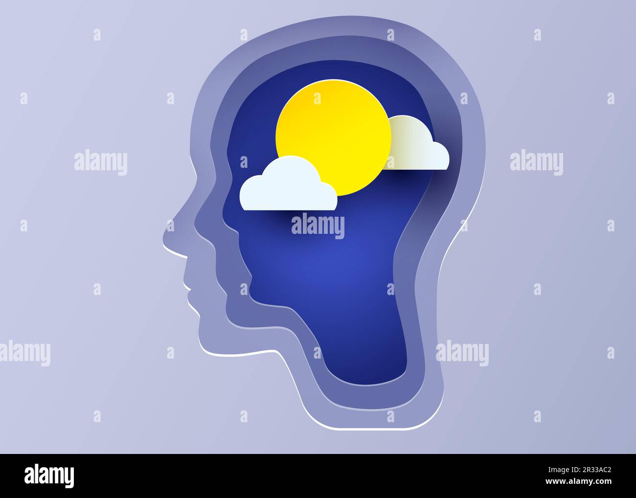 Silhouette of a human head with sun and cloud. Concept of mental health ...