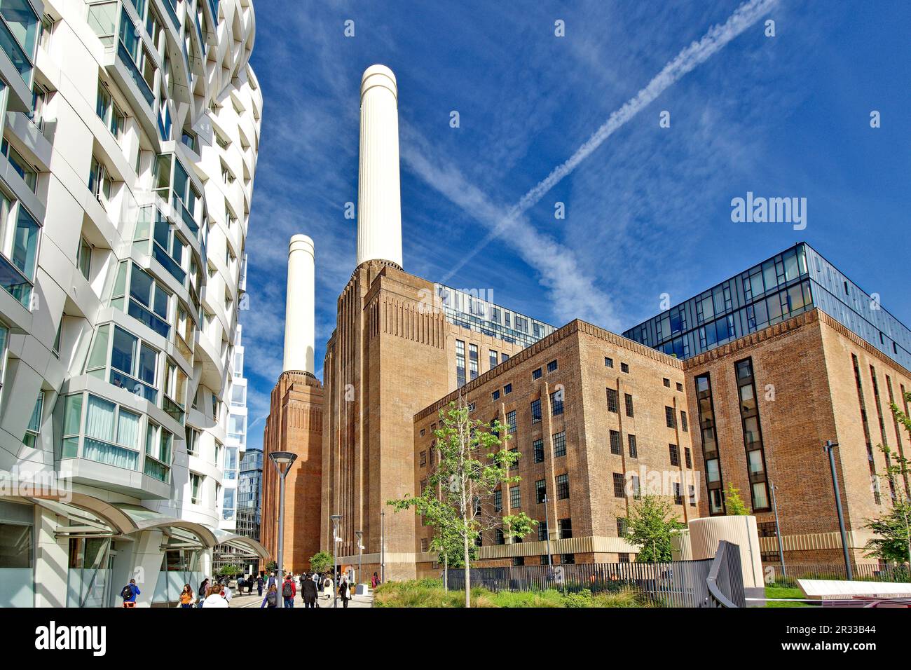 London Wandsworth Battersea large white apartment building with shops