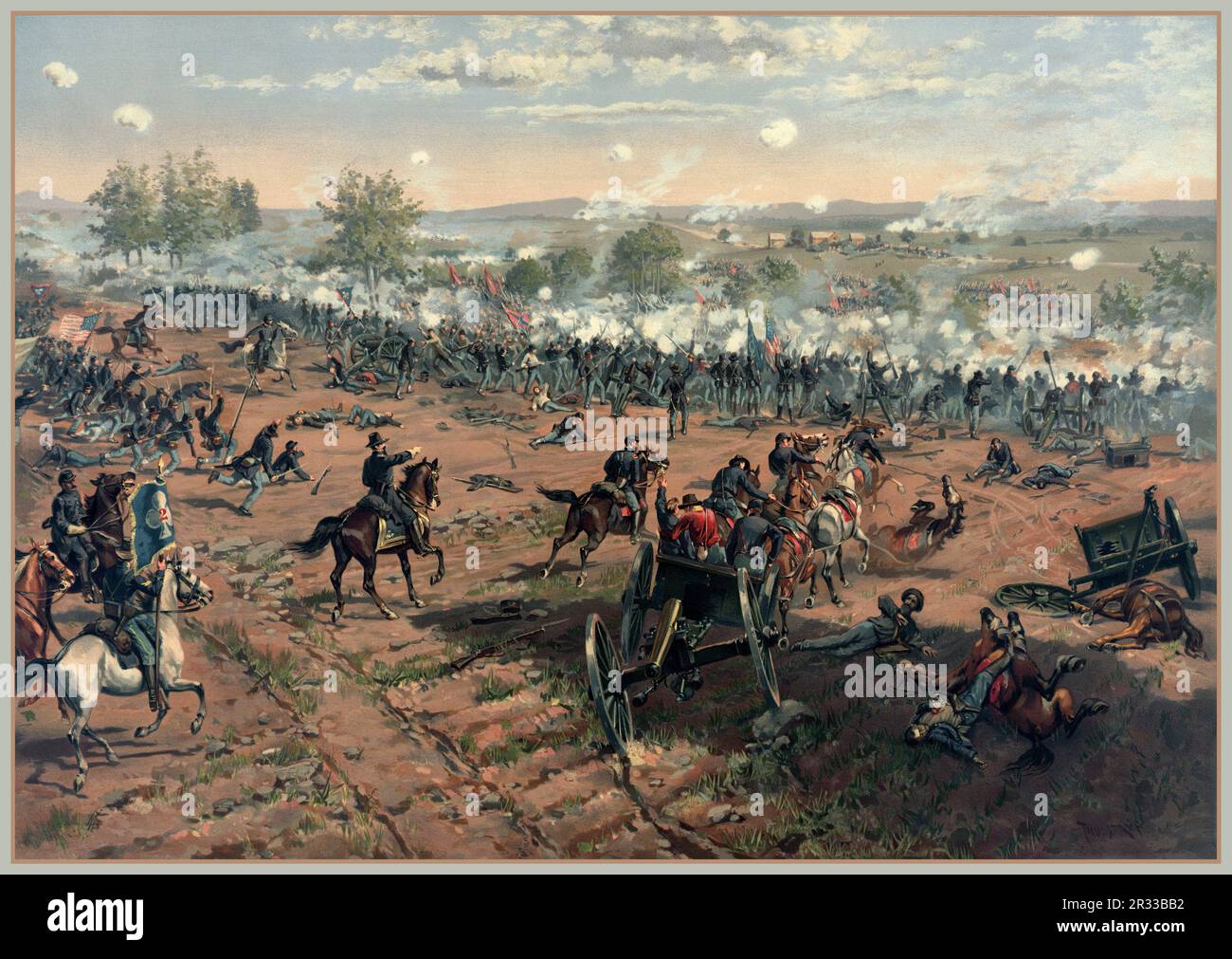 Battle of Gettysburg L. Prang & Co. print of the painting 'Hancock at Gettysburg' by Thure de Thulstrup, showing Pickett's Charge.  1887 Pickett's Charge was a bloodbath. While the Union suffered 1,500 casualties, the Confederates had over 6,000. Over 50% of the men sent across the fields were killed or wounded. Pickett's division alone, out of about 5,500 men, lost 224 killed, 1,140 wounded, and 1,499 missing/captured. Stock Photo