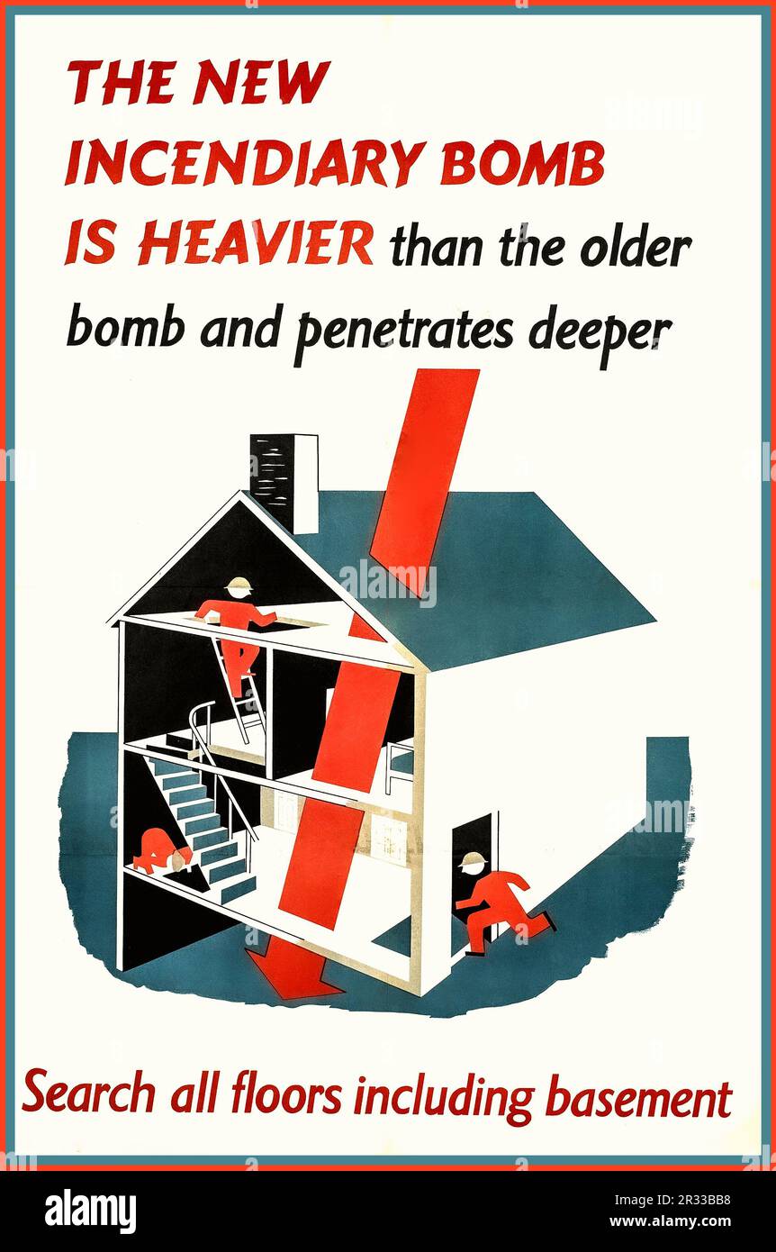 WW2 British Information Poster 1940s 'THE NEW INCENDIARY BOMB IS HEAVIER than the older bomb and penetrates deeper'  Search all floors including basement Printed for H.M. Stationery Office by H. Manly and Son Ltd. London. N.22. Stock Photo