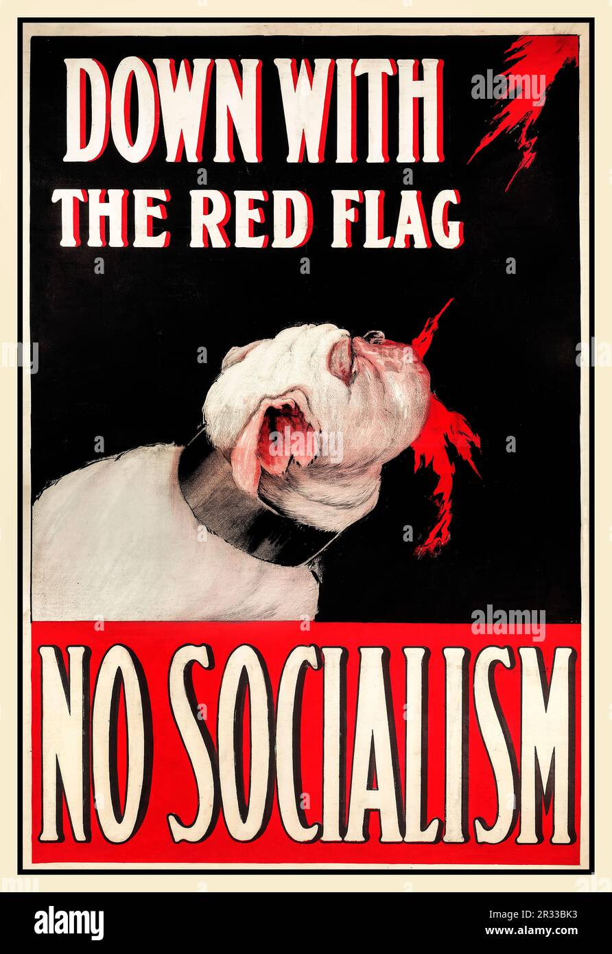 'NO SOCIALISM' 1900s Liberal Unionist uncompromising political poster depicting the British Bulldog taking a large bite out of the impending spectre of Socialism in the country..  Down With The Red Flag . Date: c1905-c1910 printed by N Corquodale & Company London Stock Photo