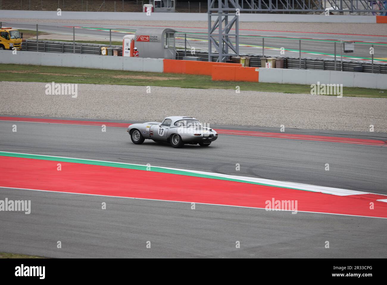 Jaguar E-Type competing in Historic racing class at Espiritu de Montjuic at Circuit of Catalonia, Barcelona, Spain on 21/5/2023 Stock Photo
