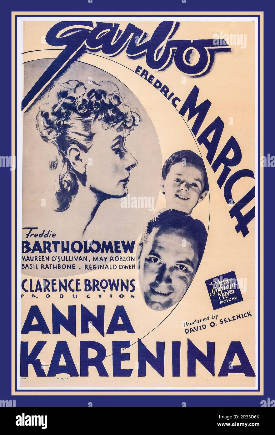 ANNA KARENINA Vintage Movie Film Poster for the 1935 film Anna Karenina. Film poster for 'Anna Karenina' a 1935 Metro-Goldwyn-Mayer film adaptation of the 1877 novel Anna Karenina by Leo Tolstoy and directed by Clarence Brown. The film stars Greta Garbo, Fredric March, Basil Rathbone, and Maureen O'Sullivan Stock Photo