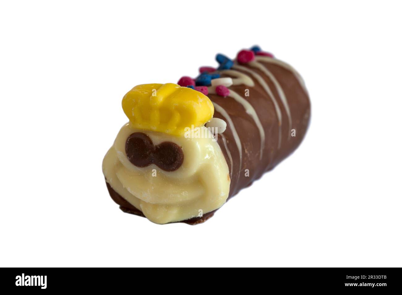 Coronation Colin the Caterpillar chocolate sponge mini rolls cake from Marks & Spencer M&S set on white background for King Charles III coronation Stock Photo