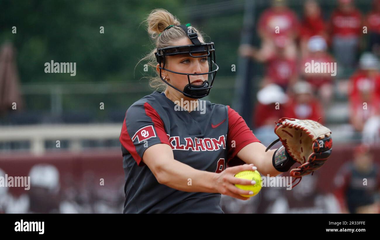 Oklahoma's Alex Storako throws a pitch during an NCAA softball game on