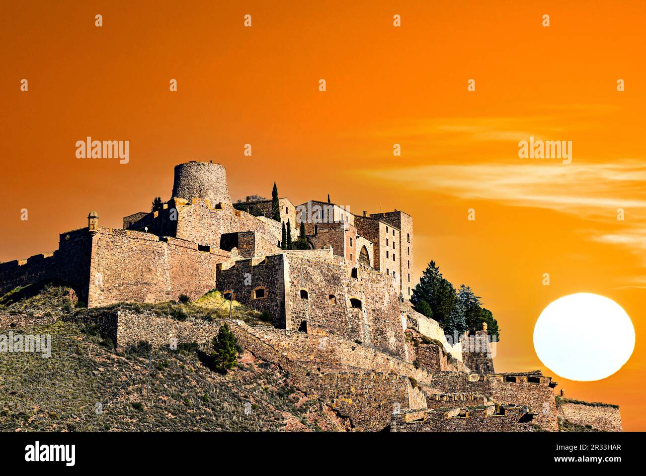 Sunset at the famous medieval castle in the city of Cardona, Barcelona, Catalonia, Spain Stock Photo