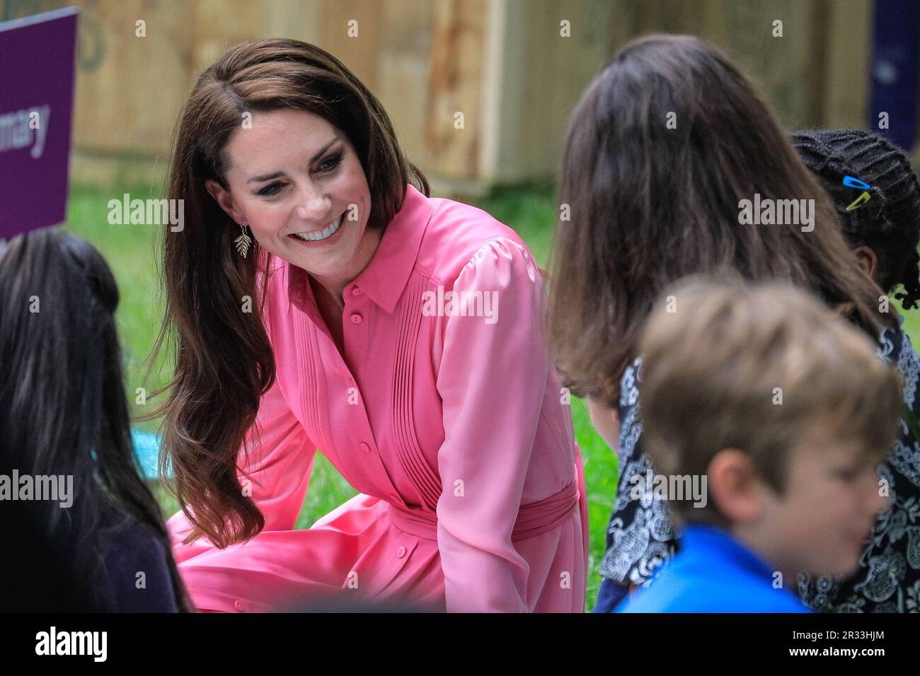 London, UK. 22nd May, 2023. Catherine, the Princess of Wales visits Chelsea Flower Show. She first meets school children for the first ever children's picknick at the show, then visited the Savill's Garden, Samaritans Garden and garden of the Royal Enthomological Society. Press day at the annual RHS Chelsea Flower Show, showcasing garden designs, products, floral displays and all things horticultural from May 23-27. Credit: Imageplotter/Alamy Live News Stock Photo
