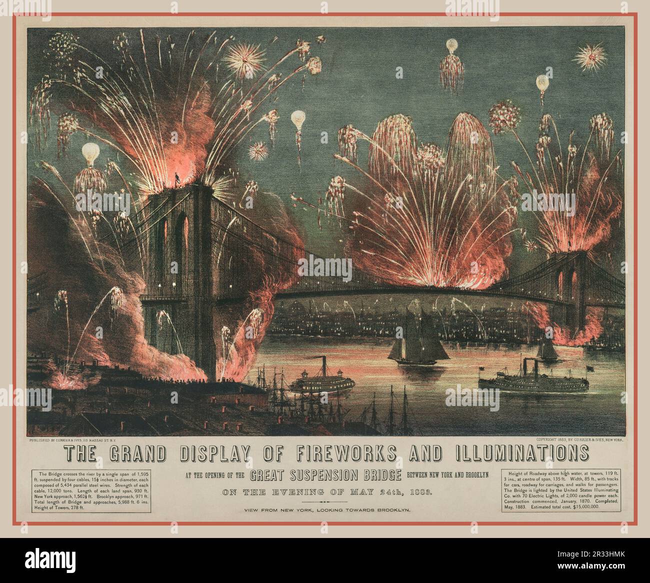 BROOKLYN BRIDGE VINTAGE OPENING CELEBRATIONS LITHOGRAPH POSTER 1880s The grand display of fireworks and illuminations: at the opening of the great suspension bridge between New York and Brooklyn on the evening of May 24th, 1883 Stock Photo