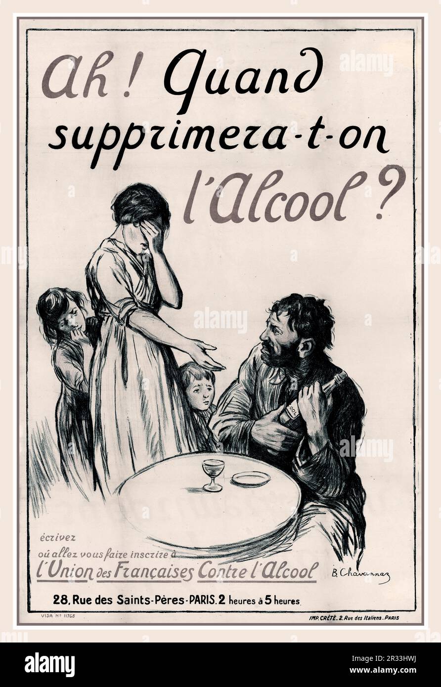 ALCOHOLISM FRANCE VINTAGE POSTER A wife asking her drunkard husband to hand over a bottle containing an alcoholic drink 1900s 1920 Union des Francaises contre l'Alcool. Paris France Stock Photo