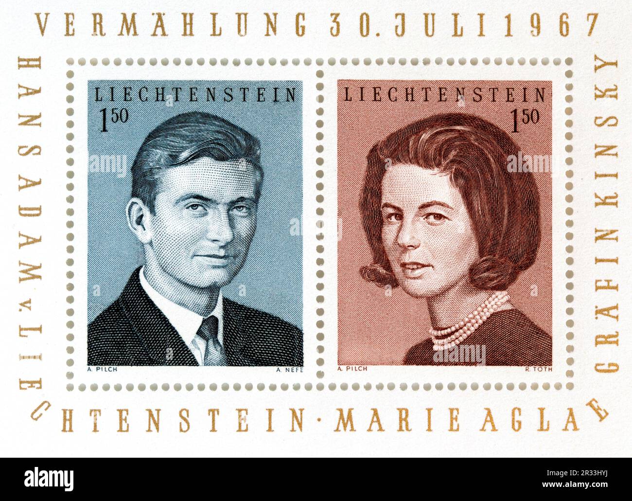 1967 sheet of stamps commemorating the wedding of Prince Hans-Adam II of Liechtenstein and Countess Marie Kinsky of Wchinitz and Tettau. Stock Photo
