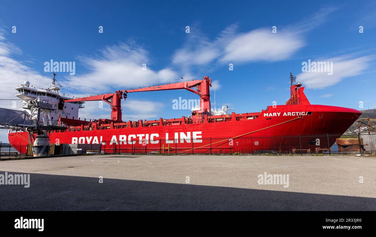 Cargo/container vessel Mary Arctica alongside quay in Laksevaag, in the port of Bergen, Norway. Stock Photo