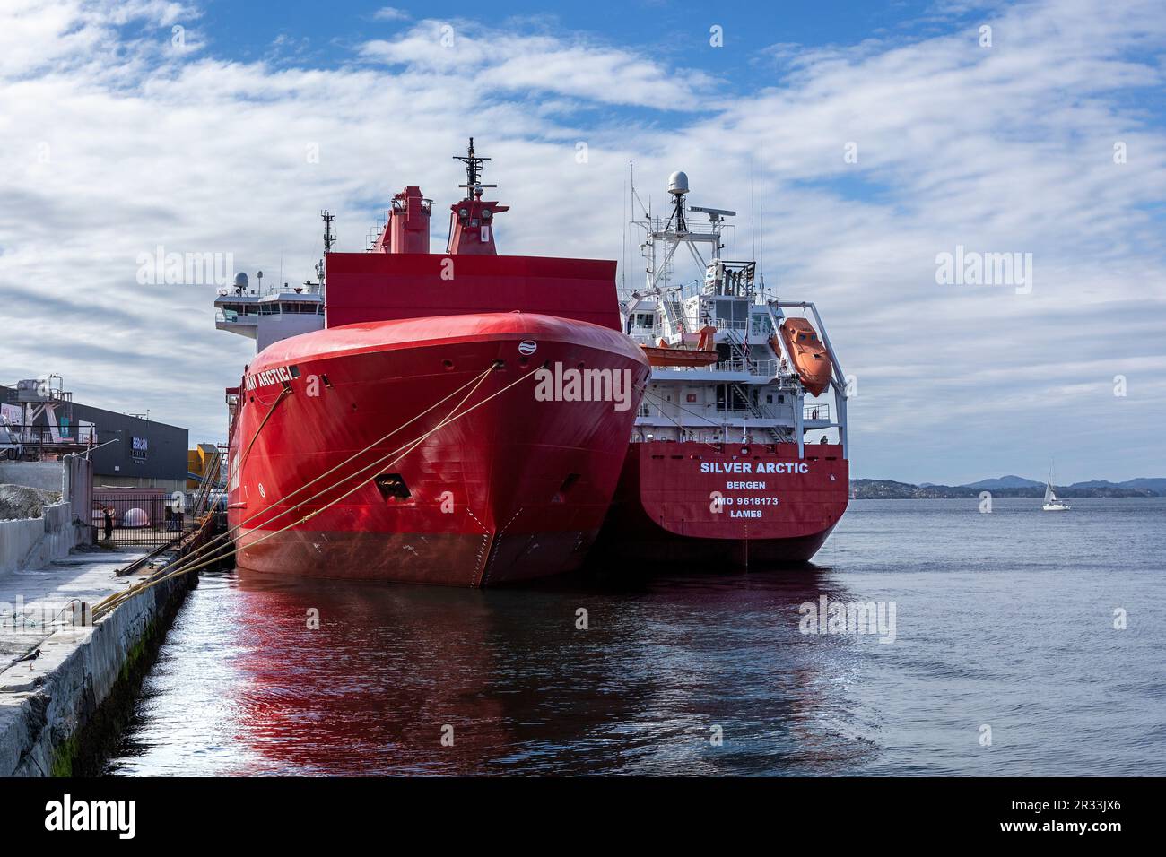 Cargo/container vessel Mary Arctica and reefer Silver Arctic alongside quay in Laksevaag, in the port of Bergen, Norway. Stock Photo