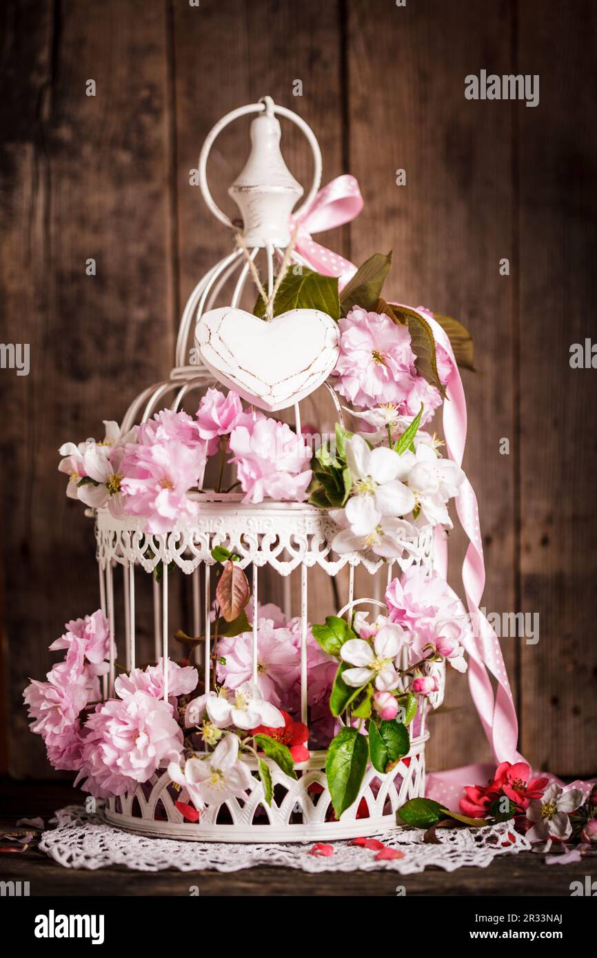 Bird cage with wooden heart Stock Photo - Alamy