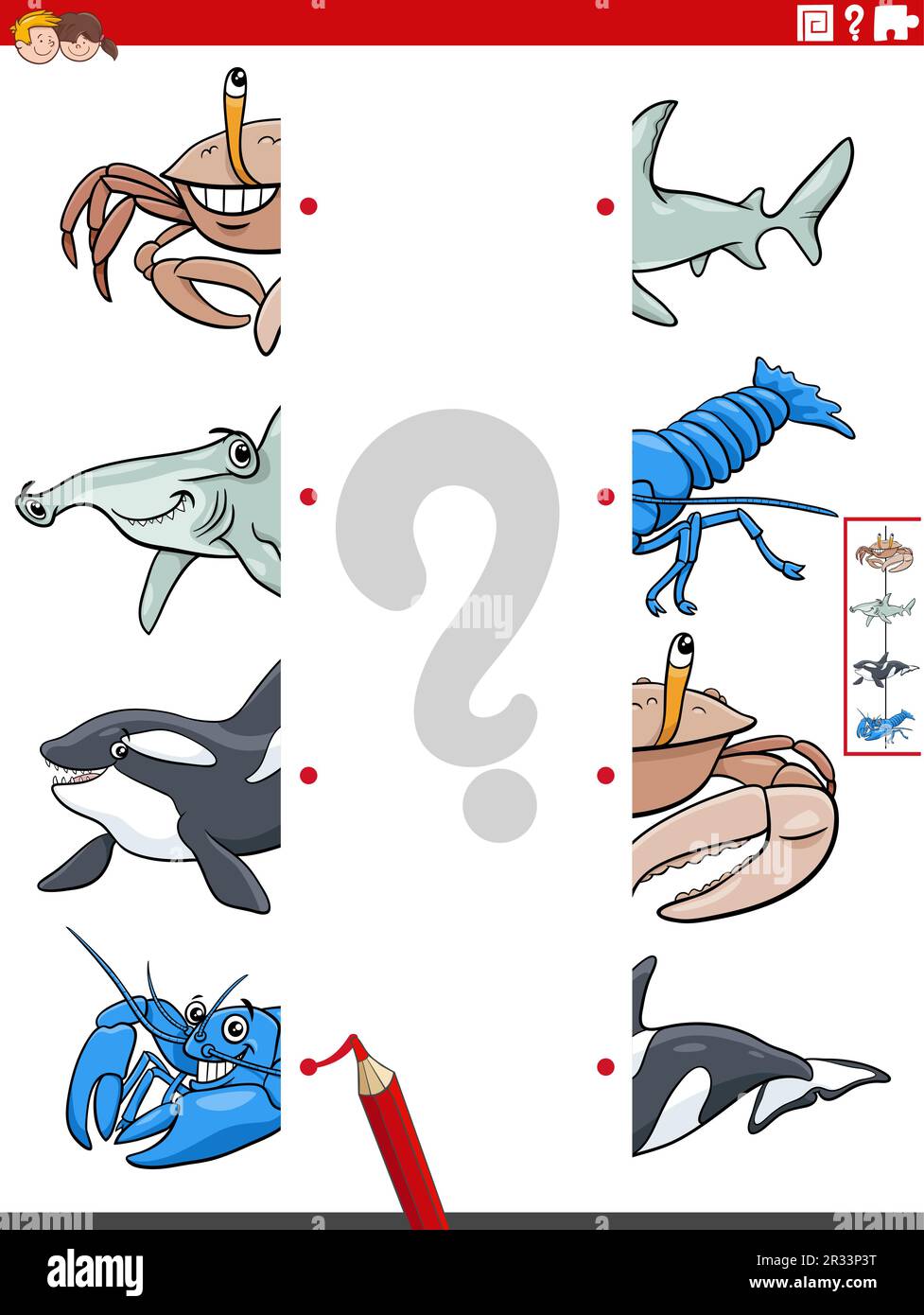 Cartoon Illustration Of Educational Game Of Matching Halves Of Pictures