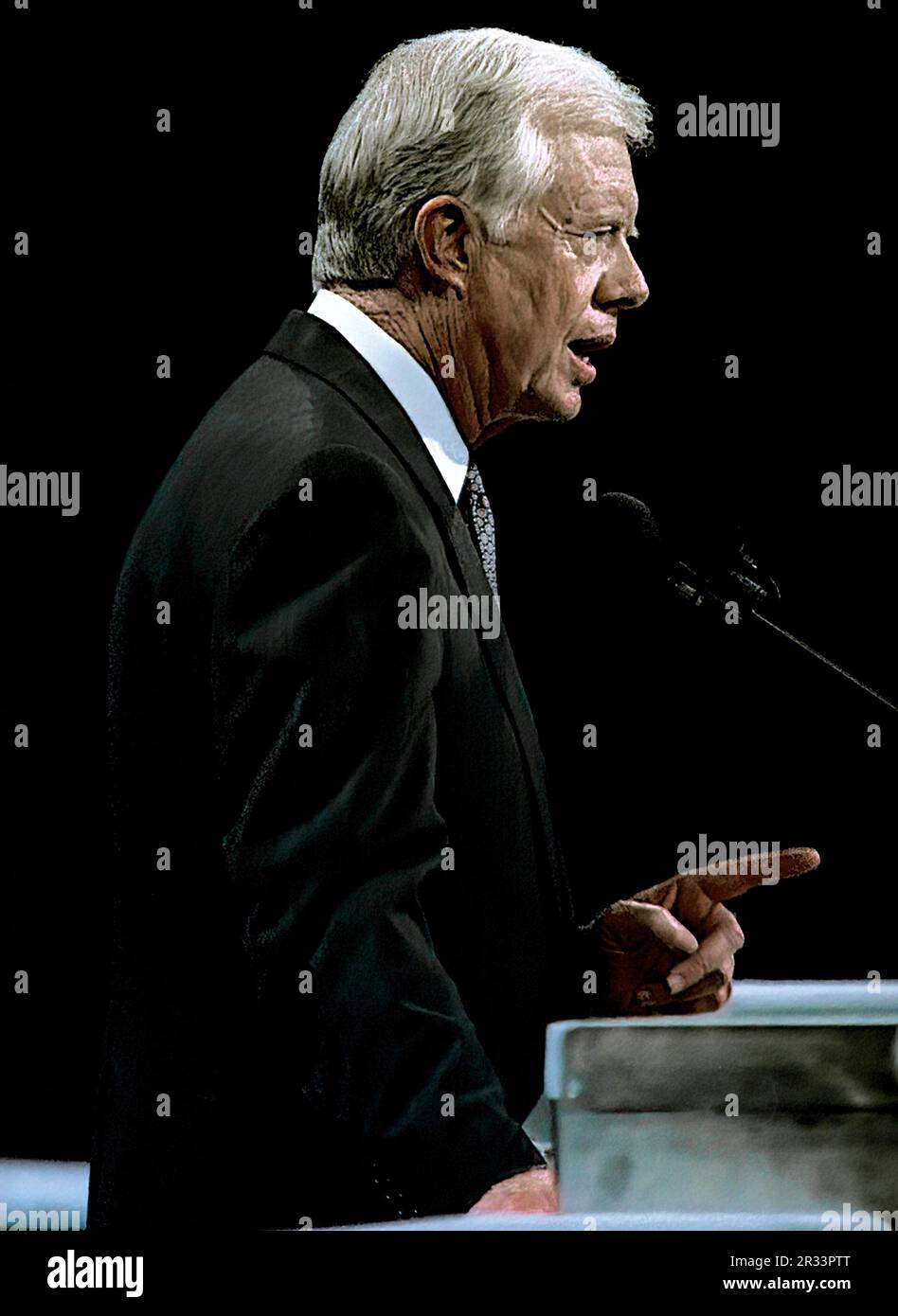 NEW YORK, NEW YORK - JULY 14, 1992  Former United States President James Carter addresses the 1992 Democratic Nominating Convention from the center stage at Madison Square Garden. Stock Photo