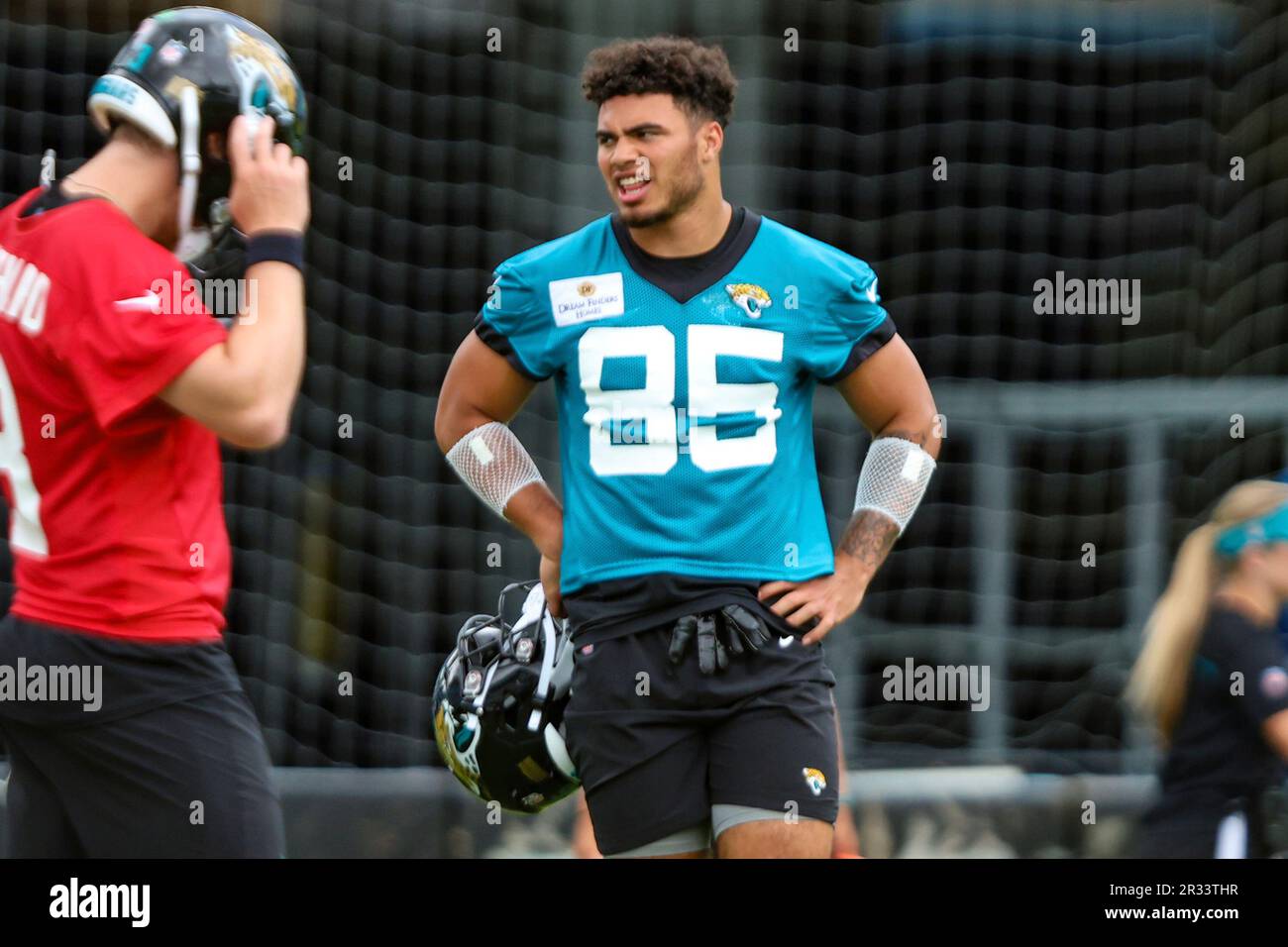 Jacksonville Jaguars tight end Brenton Strange (85) practices during