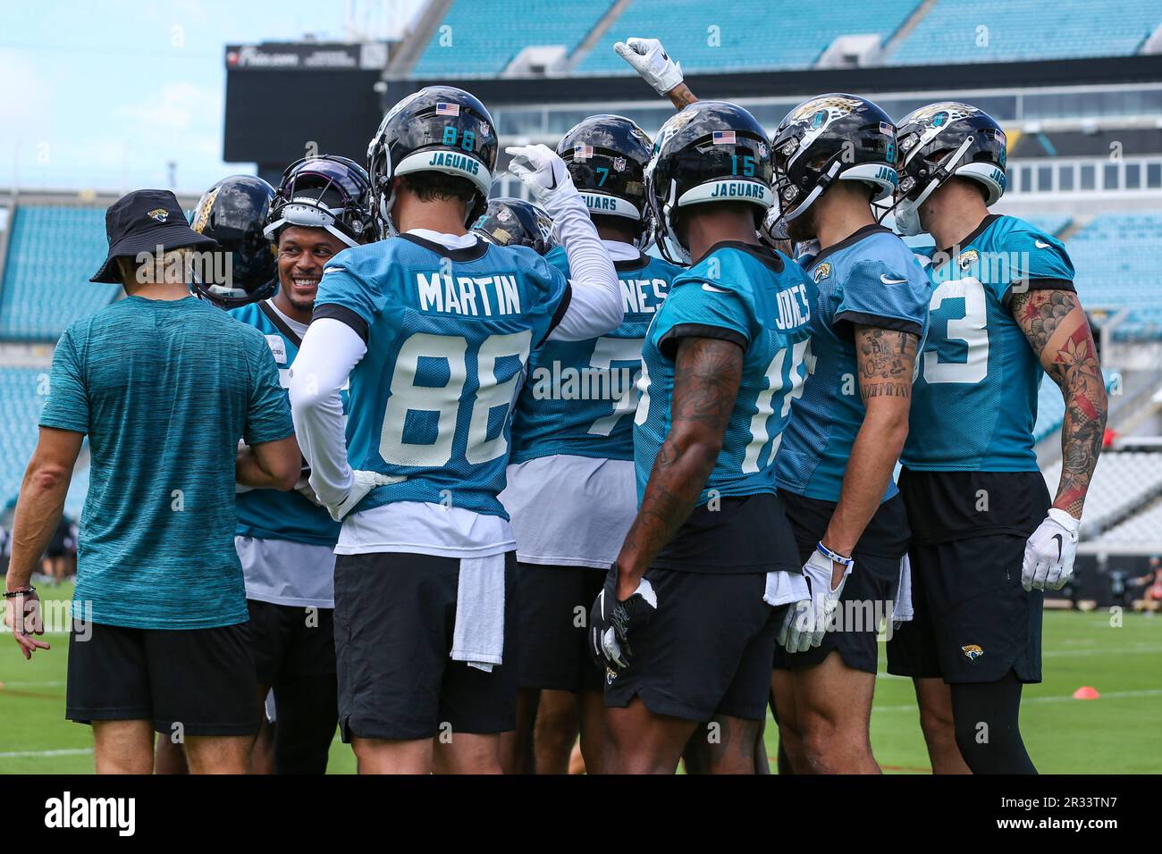 Jacksonville Jaguars wide receivers huddle during the NFL football team