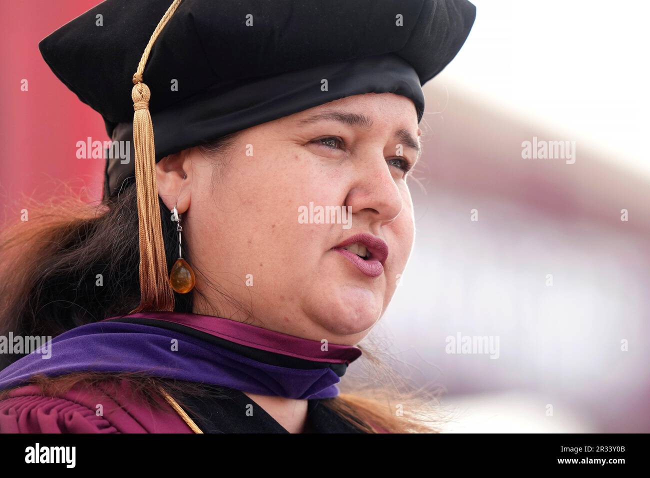 Ukrainian Ambassador Oksana Markarova delivers a commencement address at  Boston College, Monday, May 22, 2023, in Boston. Markarova's commencement  speech came as her country continues its fight against Russia's full-scale  invasion almost
