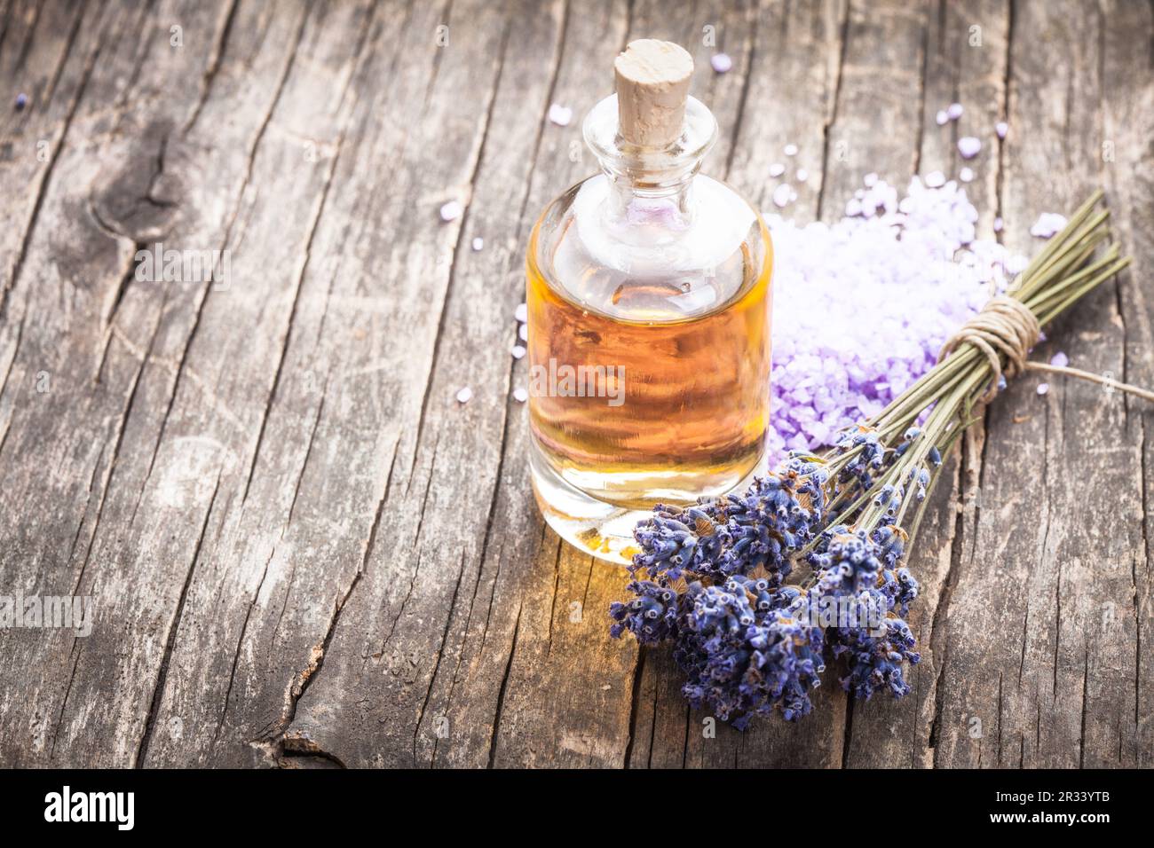 essential oil with lavender flower and seasalt spa concept Stock