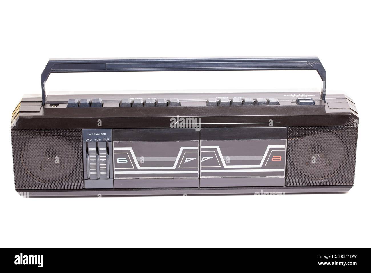Retro portable stereo cassette tape recorder from 80s. English