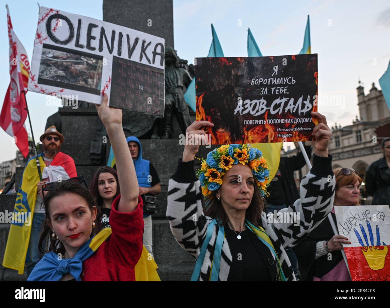 On May 21, 2023, members of the local Belarusian and Ukrainian diaspora, along with dedicated activists, came together in solidarity for the 'Freedom to Political Prisoners of Belarus' protest at the main Market Square in Krakow, Poland. Stock Photo