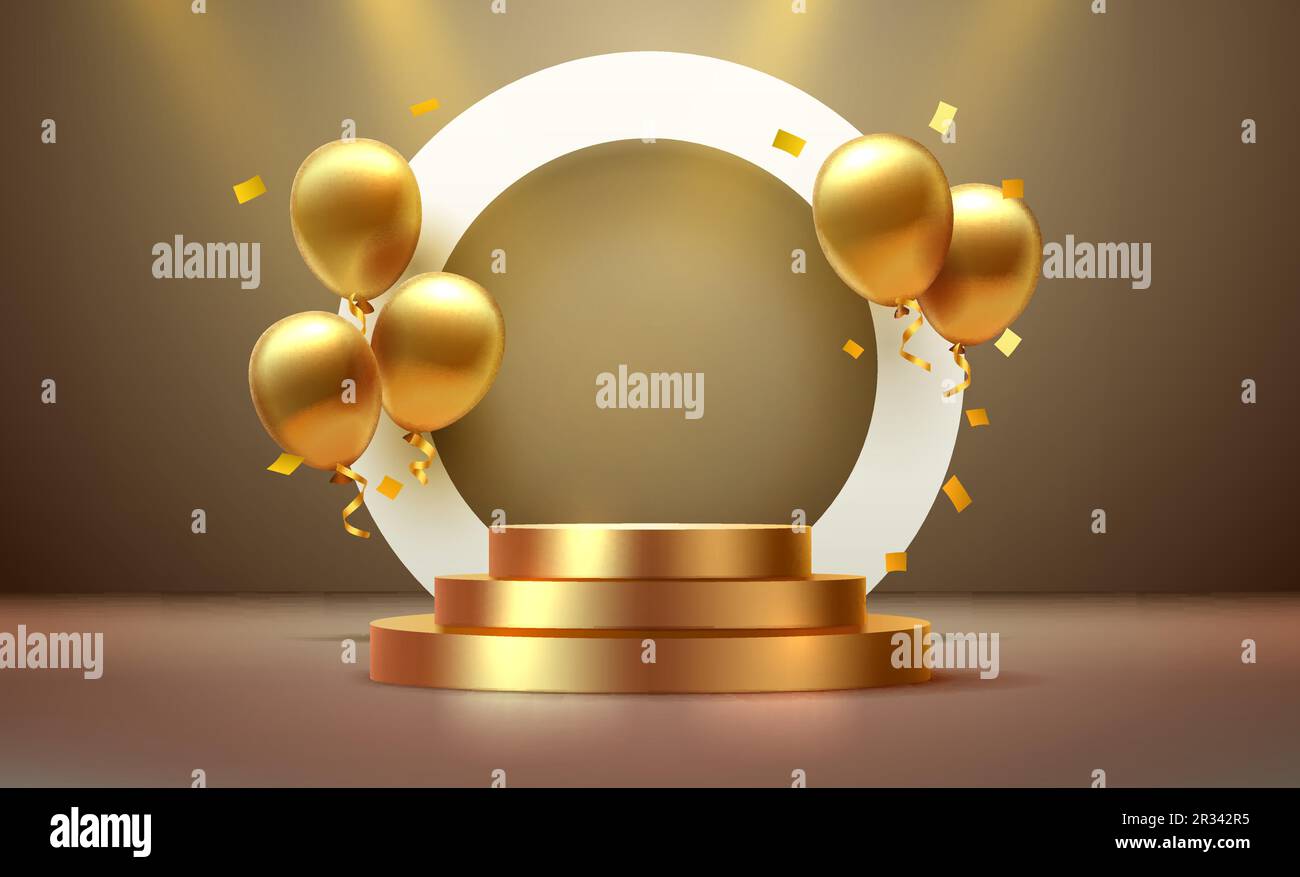 balloon golden podium present, celebrate happy birthday, gold platform
