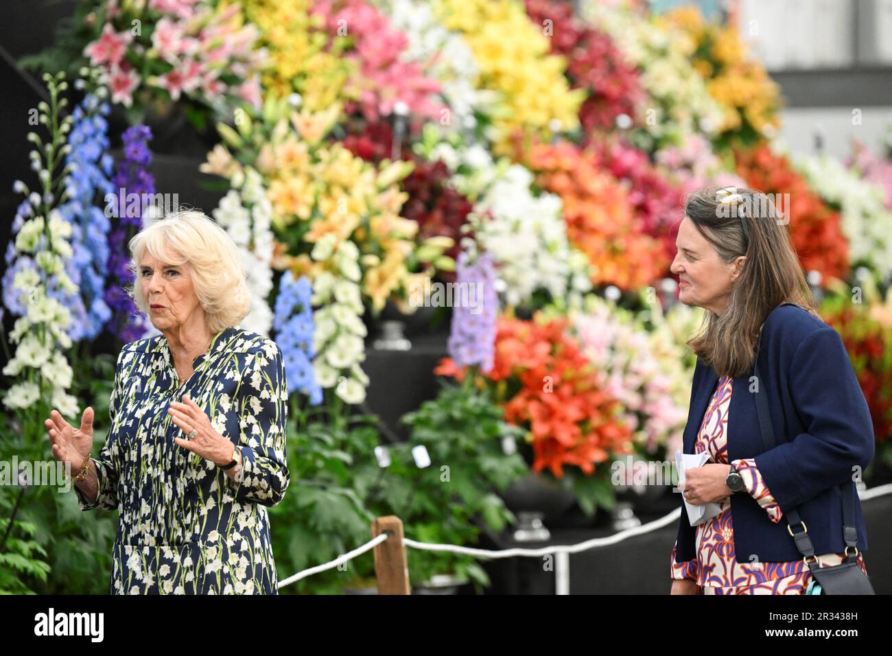Queen Camilla (left) walks with Clare Matterson, Director General of the Royal Horticultural Society during a visit to the RHS Chelsea Flower, at the Royal Hospital Chelsea, London. Picture date: Monday May 22, 2023. Stock Photo