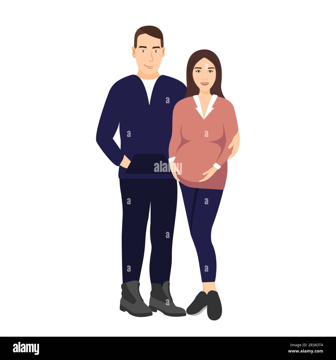 Happy relationship and pregnancy concept. Cartoon couple man and