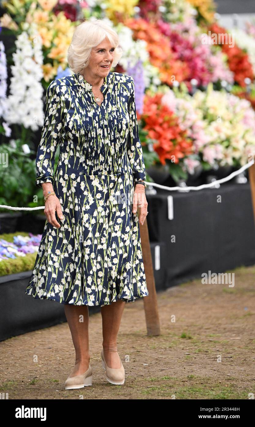 Queen Camilla during a visit to the RHS Chelsea Flower, at the Royal Hospital Chelsea, London. Picture date: Monday May 22, 2023. Stock Photo