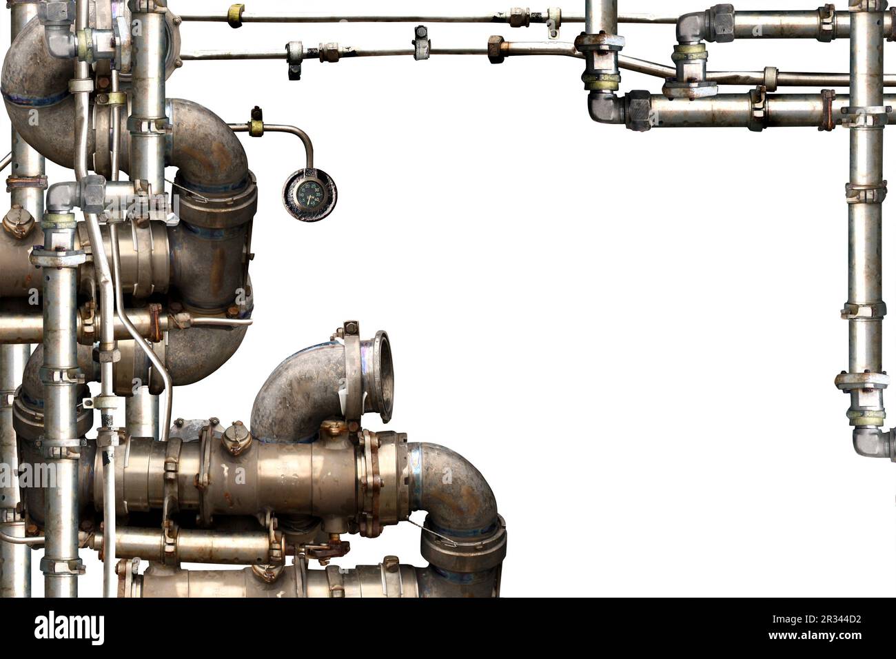 Vintage steampunk decoration with pipes. Retro pipelines and pipe elbow. Industrial backdrop with old pipeline. Oil, gas or steam pipeline with fittin Stock Photo