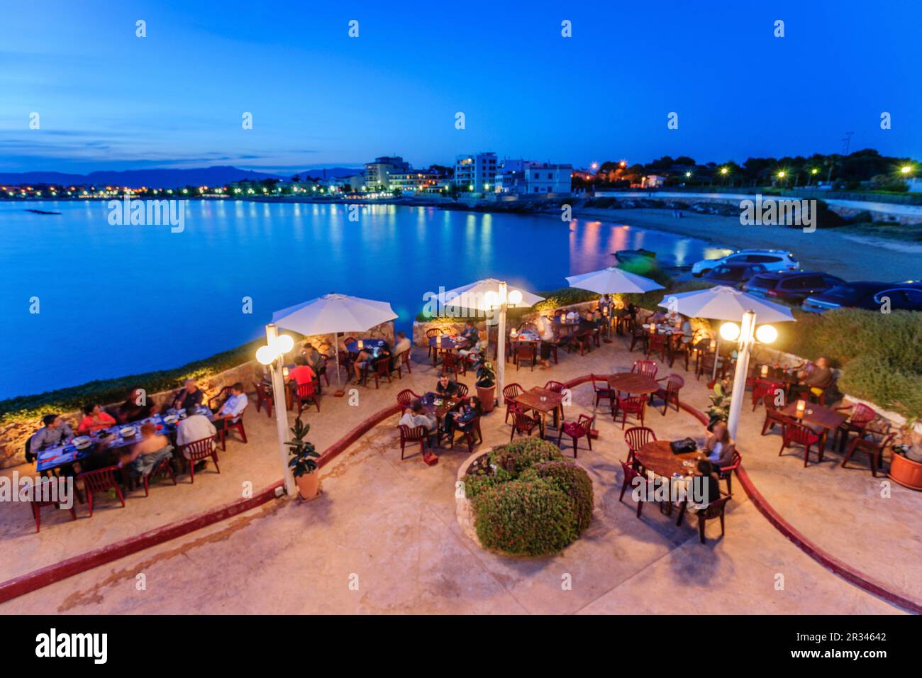 terrace restaurant El Peñon at dusk, Coll Den Rabassa, Palma, mallorca, balearic islands, spain, europe. Stock Photo